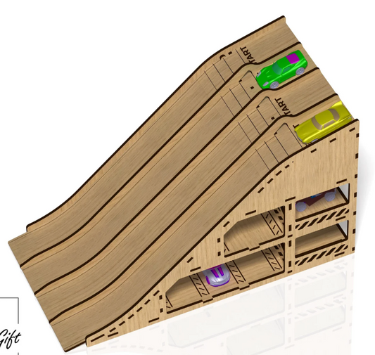 Dřevěná závodní dráha 4v1 s garáží pro autíčka